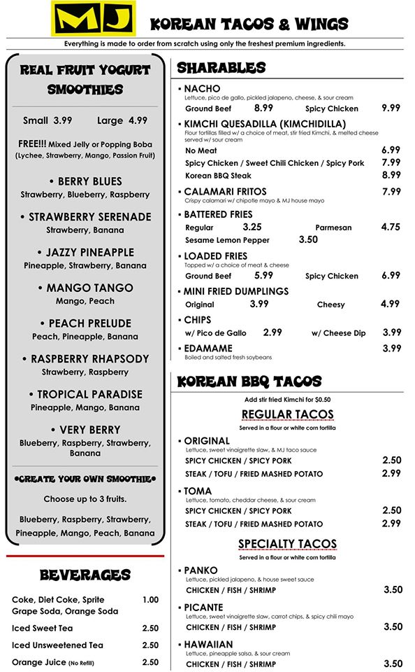 MJ 코리언 타코 & 윙즈 - 한인 업소록 - 조지아주닷컴 : MJ 코리언 타코 & 윙즈 - MJ Korean Tacos & Wings_01_menu_info.jpg